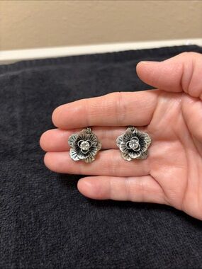 Premier Designs silver tone Floral Drop Earrings with Crystal Centers